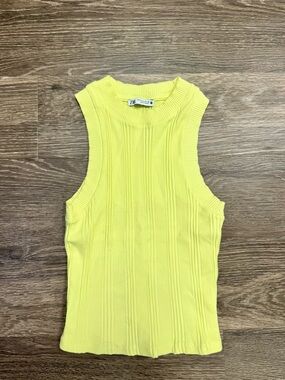 ZARA Yellow Ribbed Knit Sleeveless Tank Top Size S Fitted Basic